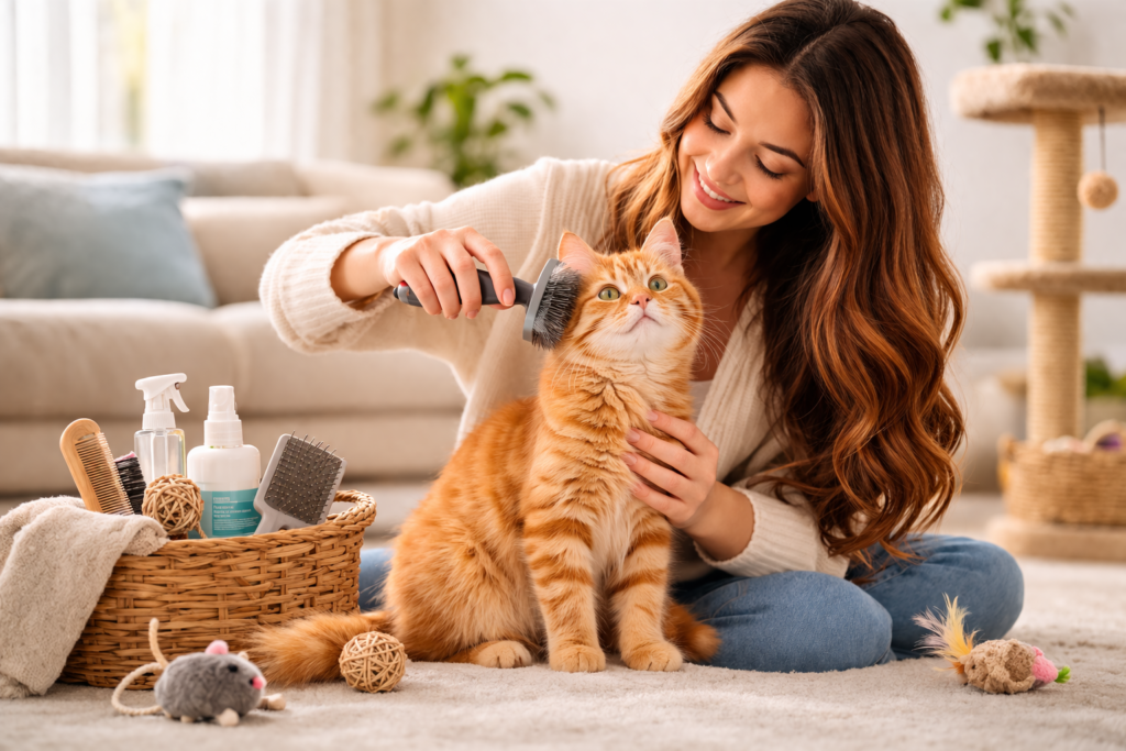 Cat Care Tips for Beginners: What Every First-Time Cat Owner Should Know? cozy pet grooming moment at home