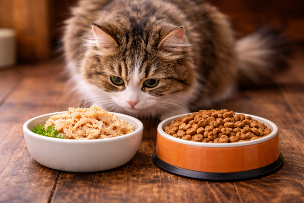 curious tabby inspecting dinner bowls