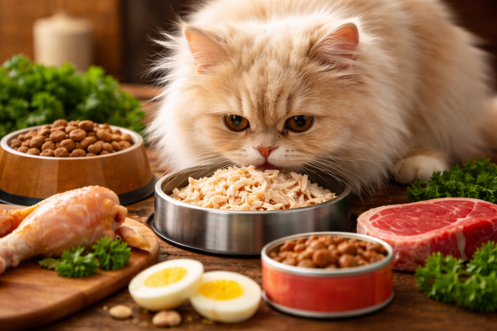 fluffy persian cat enjoying a meal
