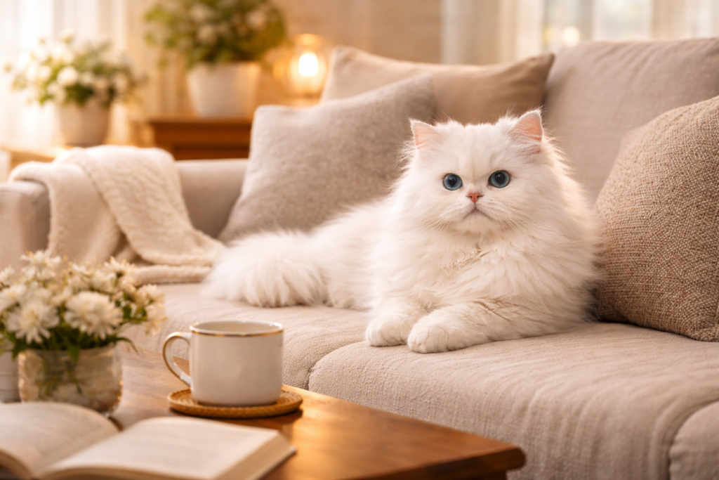 fluffy persian cat on cozy sofa (1)
