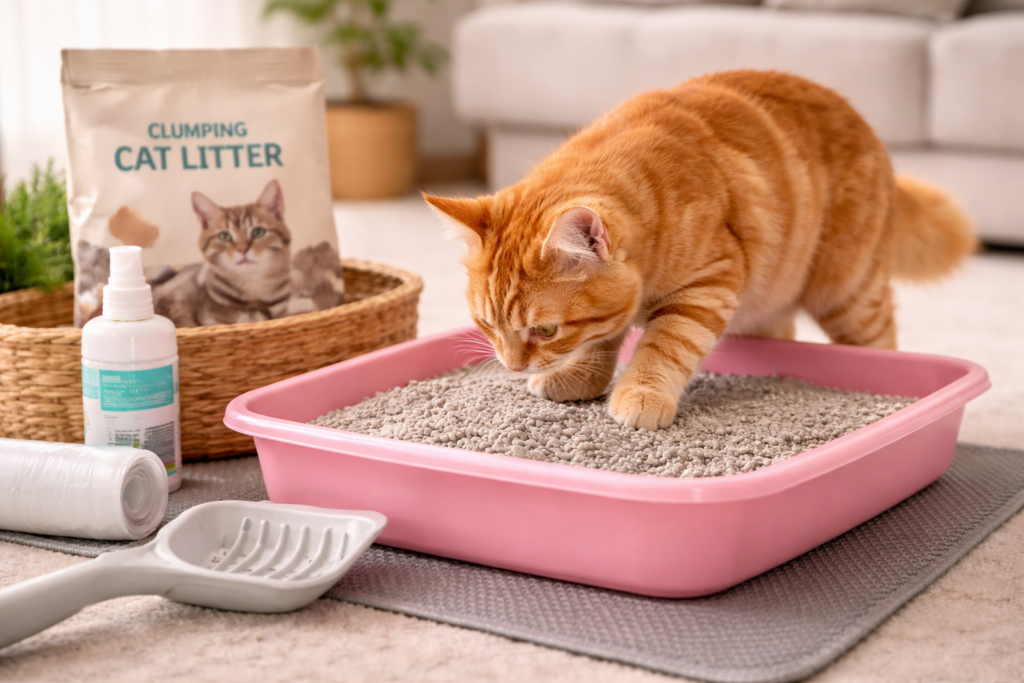 Cat Care Tips for Beginners: What Every First-Time Cat Owner Should Know? orange tabby cat at litter box