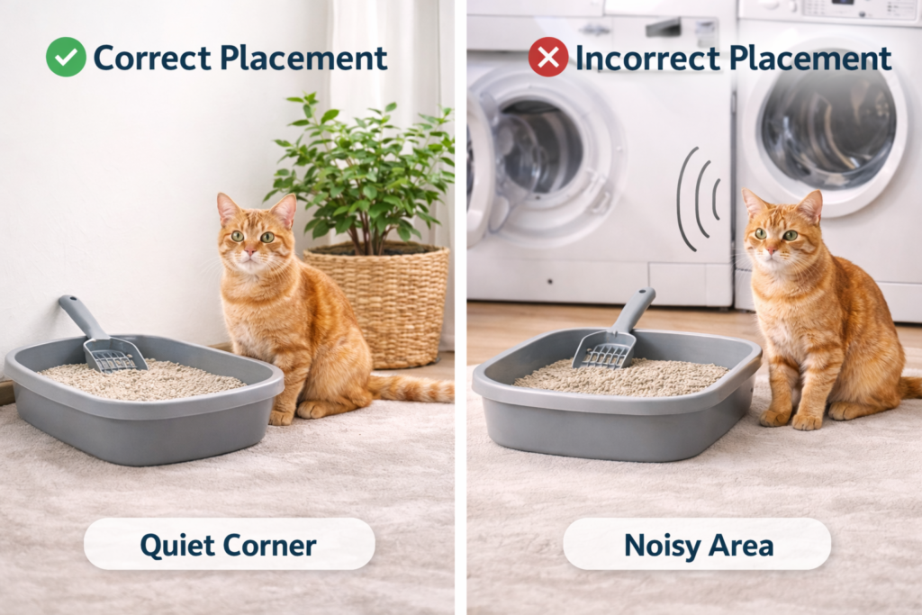 proper vs improper litter tray placement